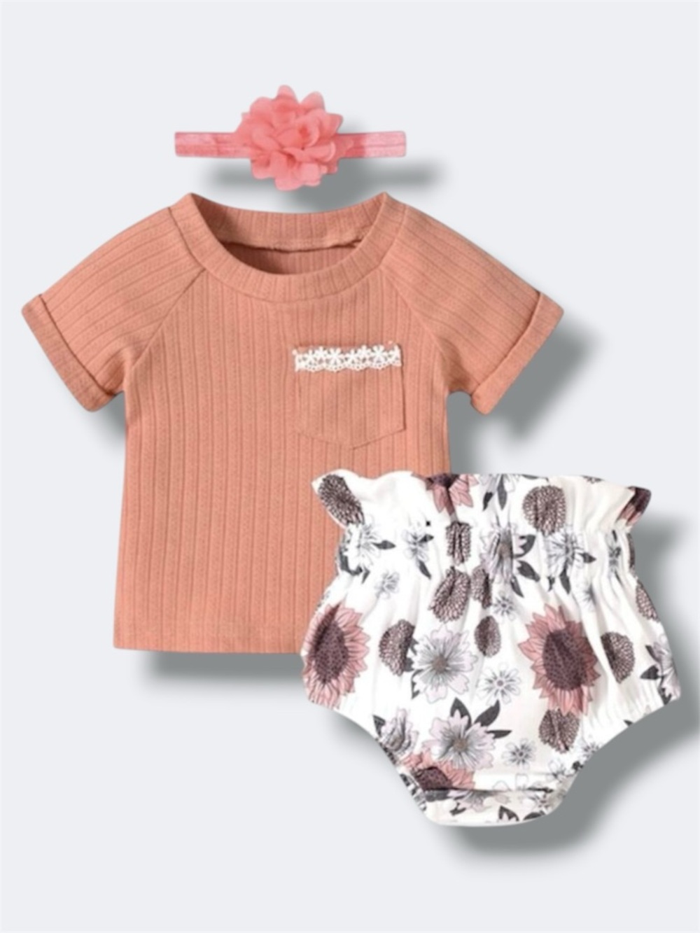Baby Outfit Set Girls 3-6M Peach Ribbed Top Floral Bloomer Headband Set New